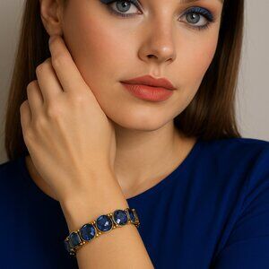 Natasha Signed Gold Tone‎ Sapphire Blue Crystal Magnetic Bracelet
